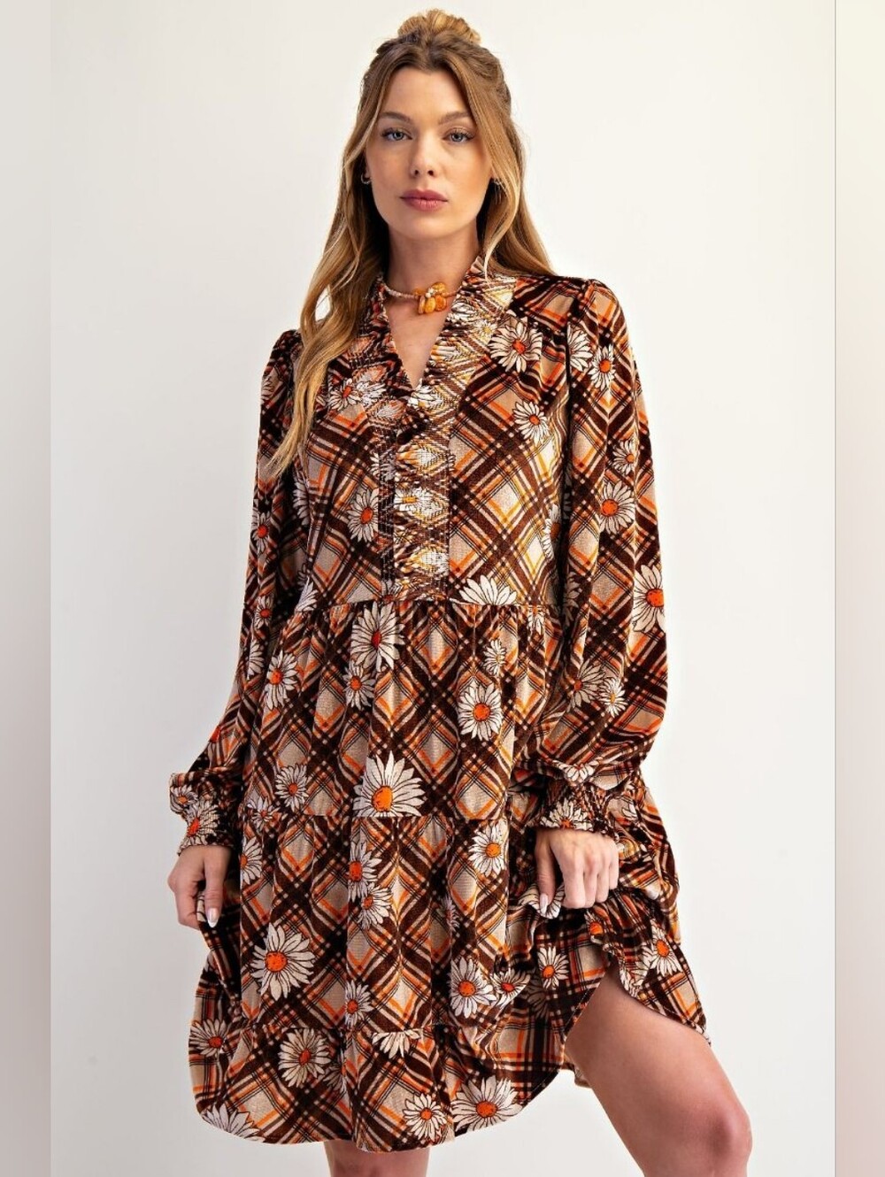 P1-0729 EASEL Retro Daisy Velvet Plaid Ruffle Swing Dress, Plus